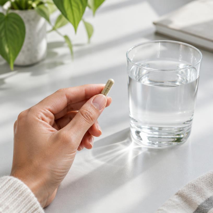 Person holding a capsule beside a glass of water